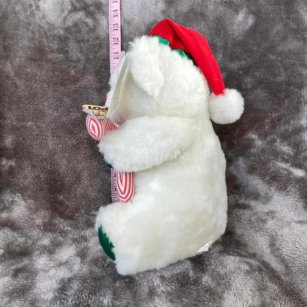 Vtg 90's White Christmas Bear Plush w/ Candy Canes & Santa Hat Green Feet TAGS